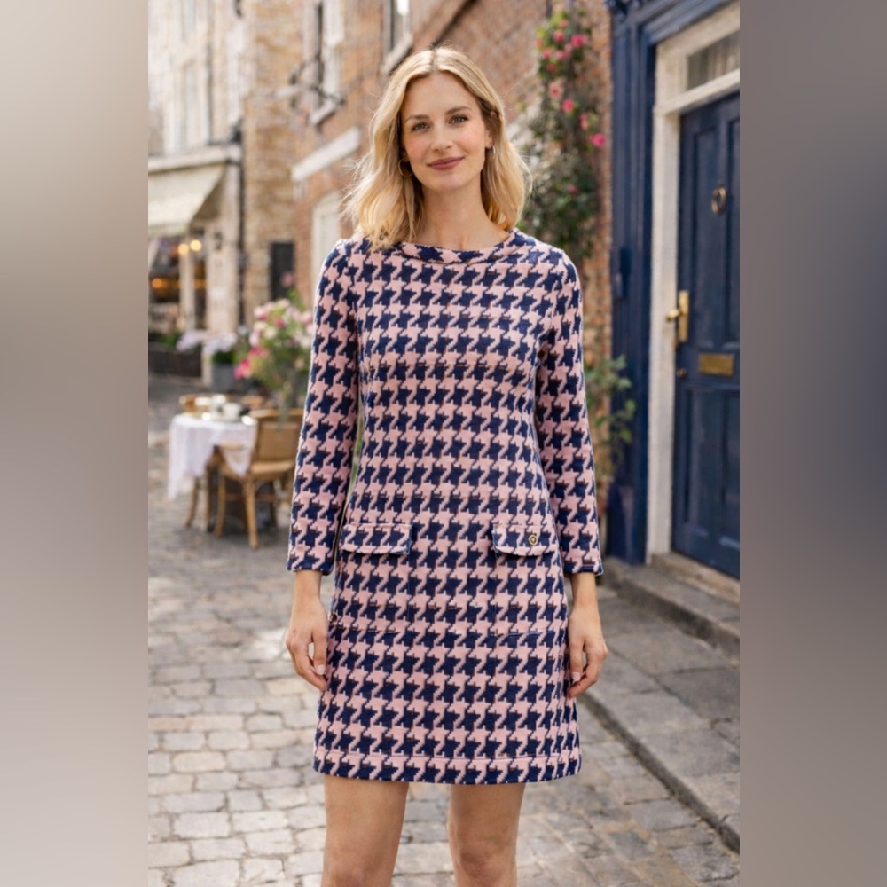 Boden Like New 60s Jacquard Houndstooth Shift Dress Pink/Navy, 6, MSRP $160